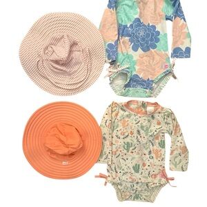 RuffleButts Floral and Cactus toddler Swimsuits with matching hats